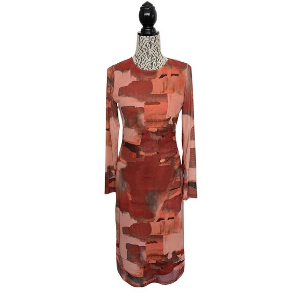 VICI Fall Baecation Printed Long Sleeve Mesh Midi Dress Red, Rust Size M - Picture 4 of 12